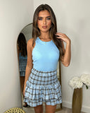 Frankie High Waisted Tiered Mini Skirt - Sky Blue Checked Print