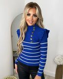 Penelope High neck Gold Button Jumper - Royal Blue