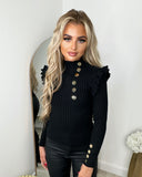 Elara Gold Button Frill Jumper - Black