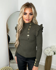 Elara Gold Button Frill Jumper - Khaki