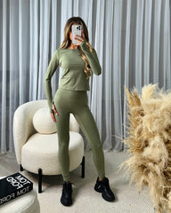 Raya Round Neck Long Sleeve Seamless Top & Leggings Set - Khaki