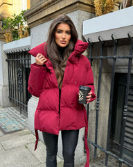 Sophie Short Belted Padded Duvet Coat - Burgundy