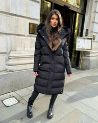 Keke Long Quilted Faux Fur Hood Coat- Black