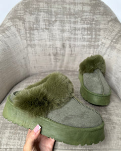 Pixie Fluffy Faux Fur Slippers - Khaki