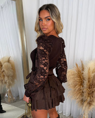 Lara Ribbed Top with Laced  Sleeves - Chocolate