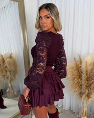 Lara Ribbed Top with Laced  Sleeves - Burgundy