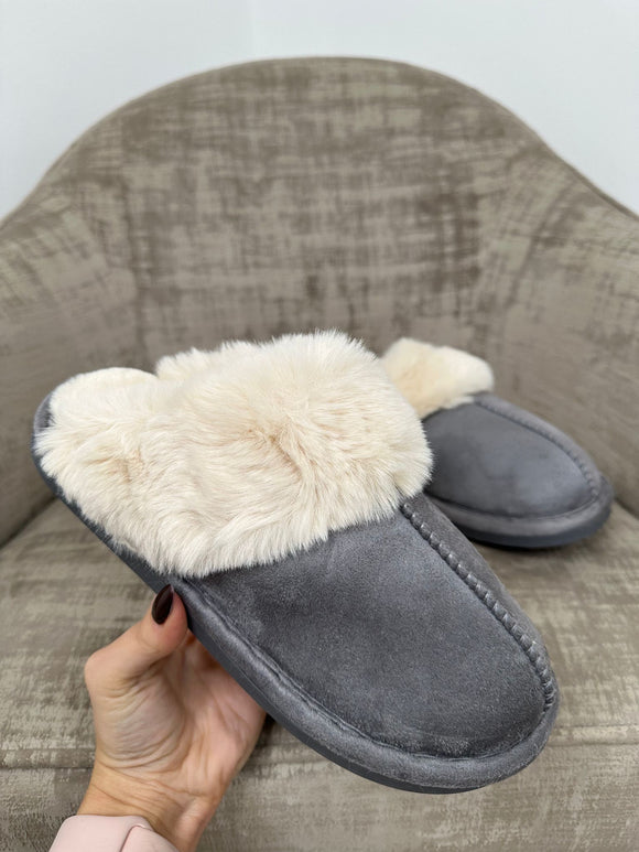 Kylie Faux-Fur Slippers- Grey