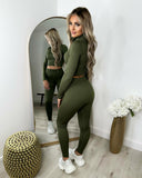 Cardi Half Zip Front Gym Wear Set - Khaki Green