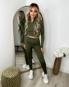 Cardi Half Zip Front Gym Wear Set - Khaki Green