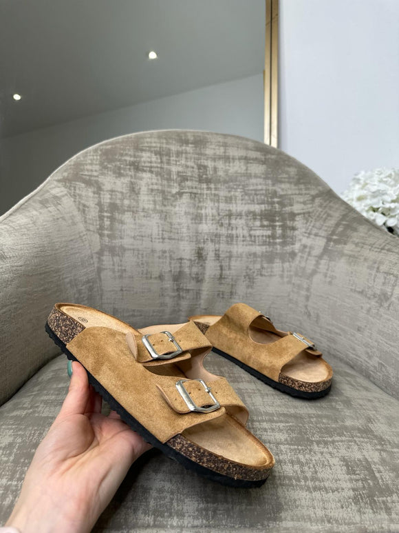 Bonnie Double Buckle Slip-On Sandals - Camel