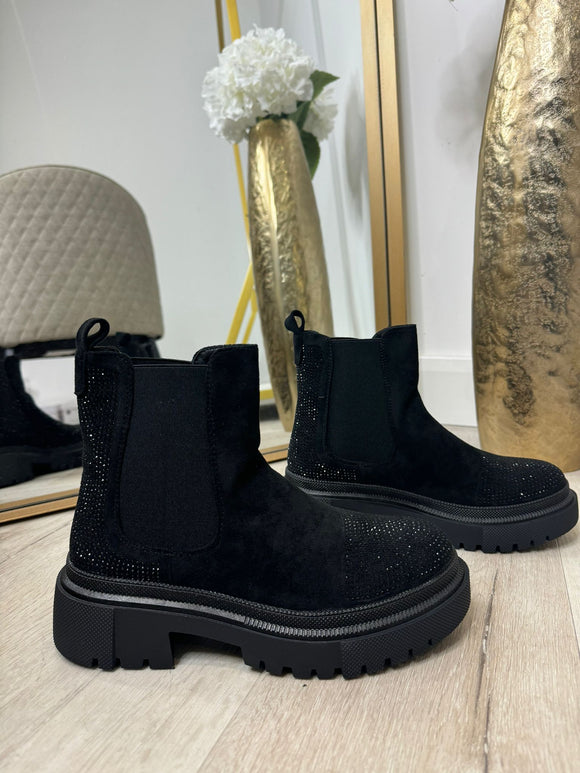 MILA Rhinestone Detail Ankle Boots- Black Suede