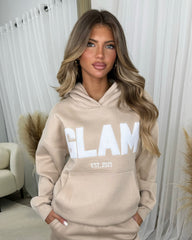 Millie 'GLAM' BOLD EMOBROIDERY Front Logo Print Hoodie - Beige