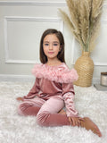 Lexie Kids Velour Frill Detail Trouser & Top Set - Pink