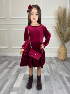 Rosie Kids Velour Layered Dress & Bag - Red