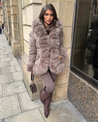 Colette Hooded Coat with Faux Fur Front & Cuffs- Taupe