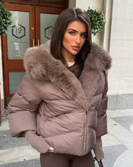 Ruby Hooded Padded Coat with Faux Fur Trim - Taupe