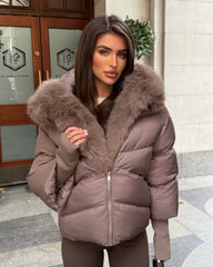Ruby Hooded Padded Coat with Faux Fur Trim - Taupe