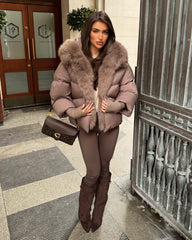 Ruby Hooded Padded Coat with Faux Fur Trim - Taupe