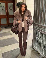 Ruby Hooded Padded Coat with Faux Fur Trim - Taupe