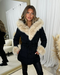 Klara Faux Fur trim Hooded Padded Coat- Black/Beige