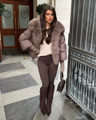 Ruby Hooded Padded Coat with Faux Fur Trim - Taupe