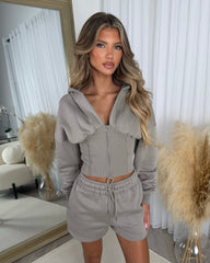 LACEY Corset Design Hooded Zip Jacket with Shorts Set - Dove Grey