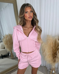 LACEY Corset Design Hooded Zip Jacket with Shorts Set - Baby Pink