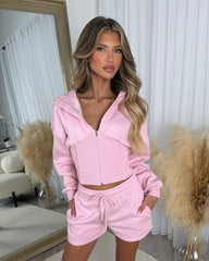 LACEY Corset Design Hooded Zip Jacket with Shorts Set - Baby Pink