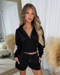 LACEY Corset Design Hooded Zip Jacket with Shorts Set - Black