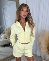 LACEY Corset Design Hooded Zip Jacket with Shorts Set - Lemon