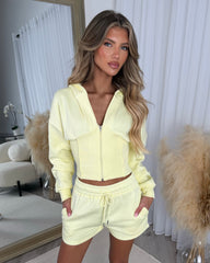 LACEY Corset Design Hooded Zip Jacket with Shorts Set - Lemon