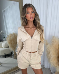 LACEY Corset Design Hooded Zip Jacket with Shorts Set - Oatmeal