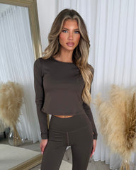 Yasmin Round Neck Long Sleeve Top & Flared Trouser Set - Chocolate