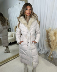 Mia Faux Fur Pull in Waist Long Padded Coat - Beige