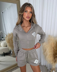 Scarlett Logo Design Cropped Hoodie & Short Set - Dove Grey