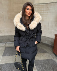 Seraphine Faux Fur Hooded Belted Coat- Black/Beige