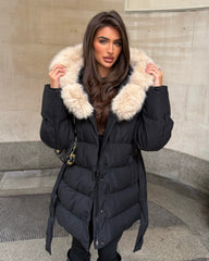 Seraphine Faux Fur Hooded Belted Coat- Black/Beige