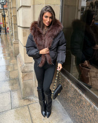 Celeste Hooded Padded Bomber Jacket with Faux Fur Trim - Black/Brown