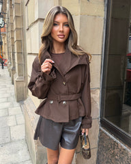 Ava Double Breasted Short Belted Trench Coat - Chocolate