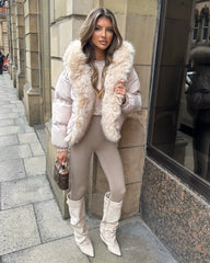 Celeste Hooded Padded Bomber Jacket with Faux Fur Trim - Beige