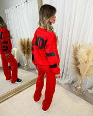 Alanna Round Neck 'GLAMDOLL' Back Print Fleece Lined Jumper - Red