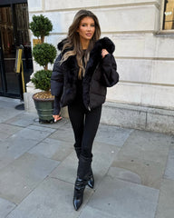Ruby Hooded Padded Coat with Faux Fur Trim - Black