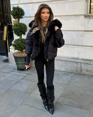 Ruby Hooded Padded Coat with Faux Fur Trim - Black