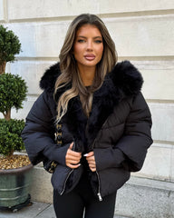 Ruby Hooded Padded Coat with Faux Fur Trim - Black