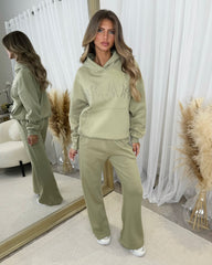 Petra Plain Fleece Lined Flared Leg Joggers - Sage Green