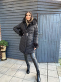 Emma Padded Faux Fur Trim Belted Coat - Black