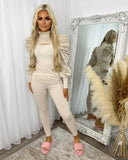 Hazel Slit Front Puff Sleeve Loungewear Set - Beige