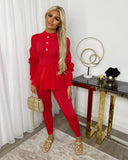 Kerri Ribbed Jewelled Shirt Jumper Lounge Set - Red