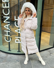 Chantel Long Padded Faux Fur Hooded Coat - Beige