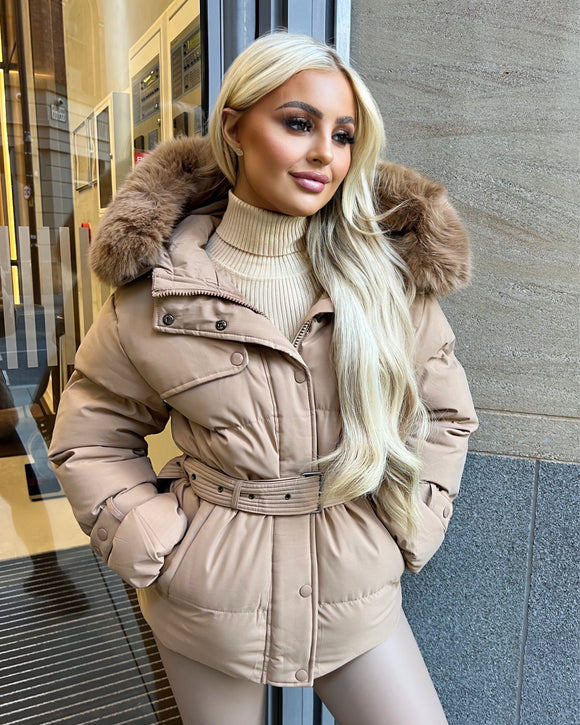 Kelsey Padded Faux Fur Hooded Coat - Camel